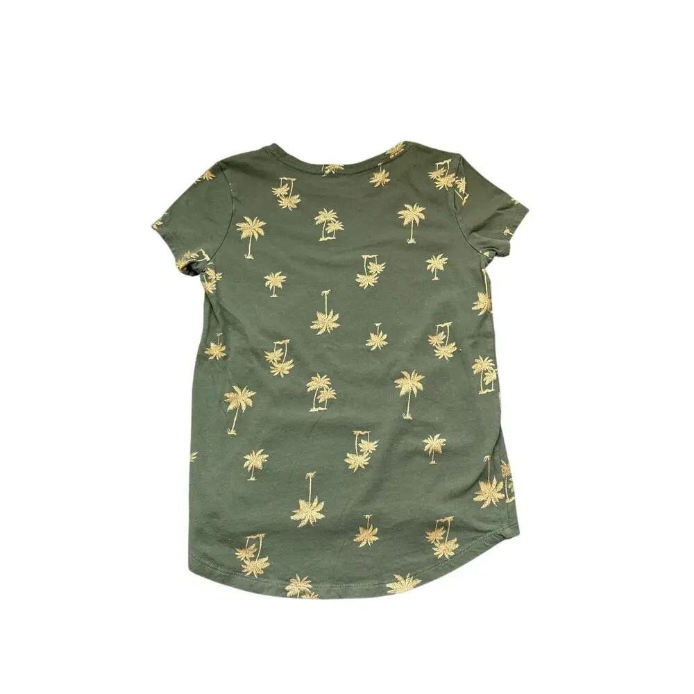 Girls L 10-12 Old Navy Olive Green Gold Palm Tree Short Sleeve Softest Tee Shirt